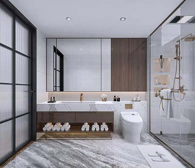 Modern Bathroom Interior With Marble Double Vanity Wooden Cabinets Large Mirror And Shower Area 3d model