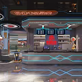Modern Internet Cafe Interior With Tech Reception Neon Lights And Robots 3d model