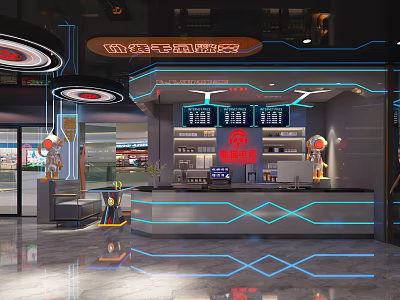Modern Internet Cafe Interior With Tech Reception Neon Lights And Robots 3d model