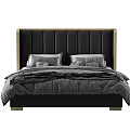 Modern Double Bed With Black Leather Headboard Gold Frame And Gray Bedding 3d model