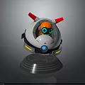 Spherical Robot Character Housing Orange Creature With Blue Glowing Eyes Red Antennae And Gray Base