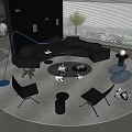 Modern Living Room Sofa and Coffee Table Set with Glass Top Black Chairs and Rug