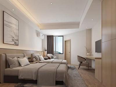 Modern Hotel Guest Room With Twin Beds Nightstands TV Desk Chair And Decorative Painting 3d model
