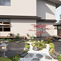 Courtyard Garden Design Featuring Outdoor Chairs Wooden Table Shade Umbrella And Green Plants