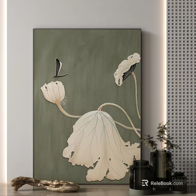 Elegant Lotus Landscape Painting With White Flowers Black Butterfly And Green Leaves 3d model 