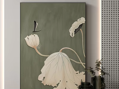 Elegant Lotus Landscape Painting With White Flowers Black Butterfly And Green Leaves 3d model