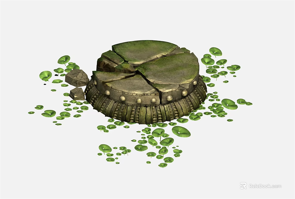 Broken Green Stone Pedestal With Decorative Metal Rim And Scattered Leaves 3d model 