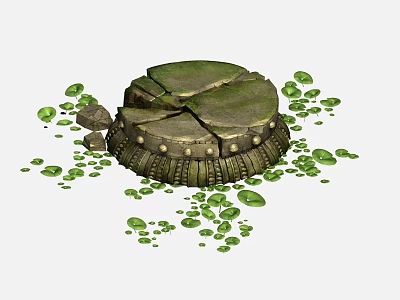 Broken Green Stone Pedestal With Decorative Metal Rim And Scattered Leaves 3d model