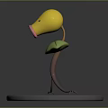 Yellow Character Plant With Green Leaves Long Stem And Legs On Round Base