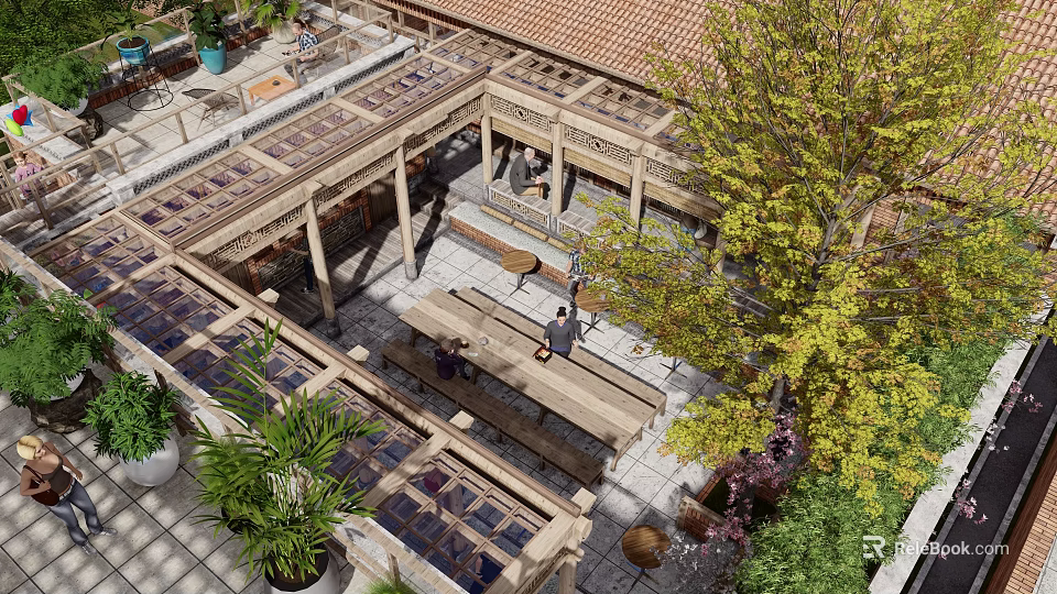 Outdoor Courtyard With Wooden Roof Stone Paved Floor Benches People Relaxing And Green Plants 3d model 
