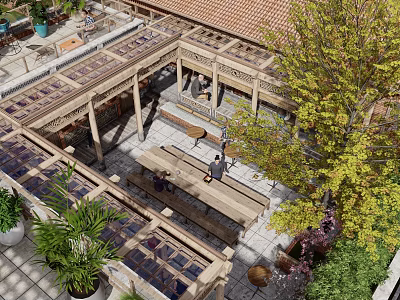 Outdoor Courtyard With Wooden Roof Stone Paved Floor Benches People Relaxing And Green Plants 3d model