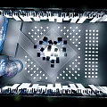 Modern Conference Hall Featuring White Cube Seats Central Spherical Installation And Blue Decorations