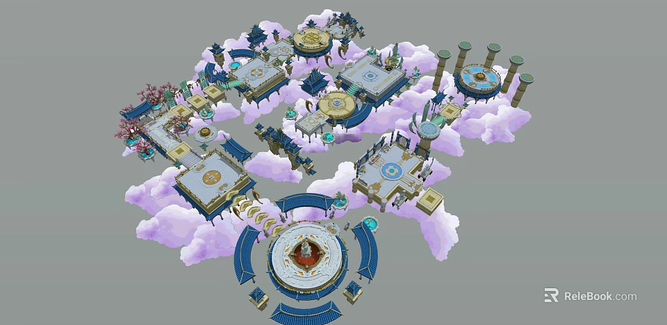 Ancient Architecture Design With Cloud Surrounded Platforms And Circular Structures 3d model 
