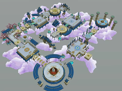 Ancient Architecture Design With Cloud Surrounded Platforms And Circular Structures 3d model