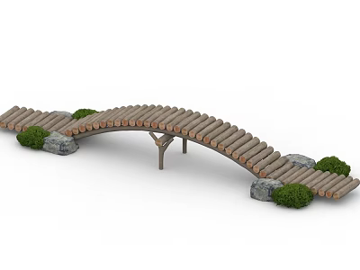 Wooden Arched Landscape Bridge With Planks Stones And Green Shrubs 3d model