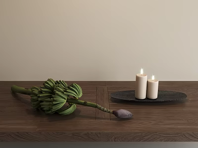Banana Plant Arrangement on Wooden Table with Lit Candles in Black Tray and Small Fruit 3d model