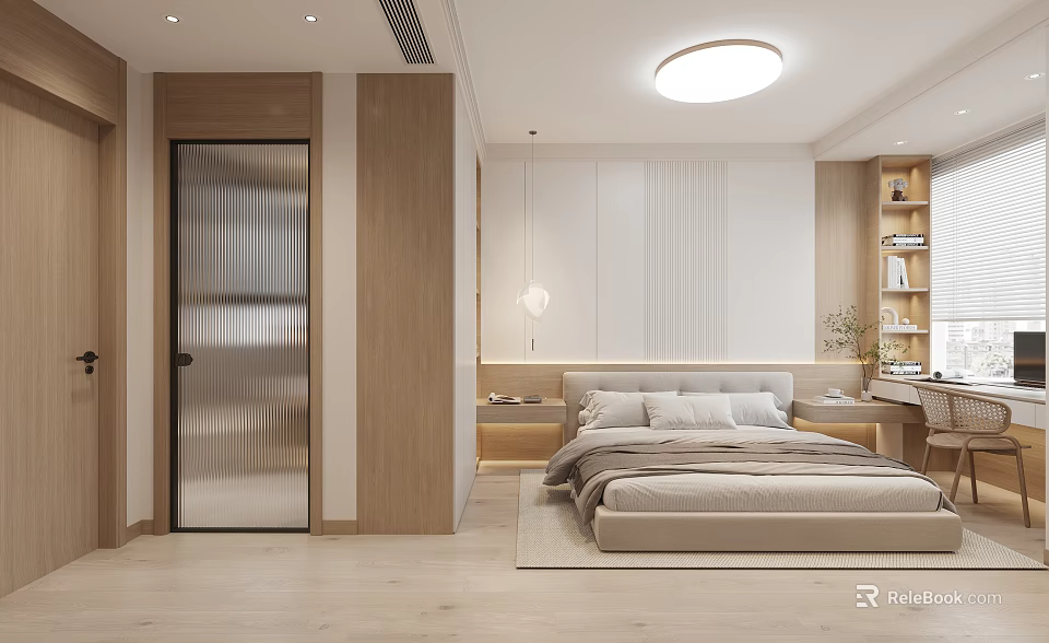 Modern Minimalist Bedroom Interior With Wooden Bed Bookshelf And Pendant Light 3d model 