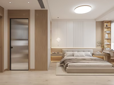 Modern Minimalist Bedroom Interior With Wooden Bed Bookshelf And Pendant Light 3d model