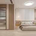Modern Minimalist Bedroom Interior With Wooden Bed Bookshelf And Pendant Light