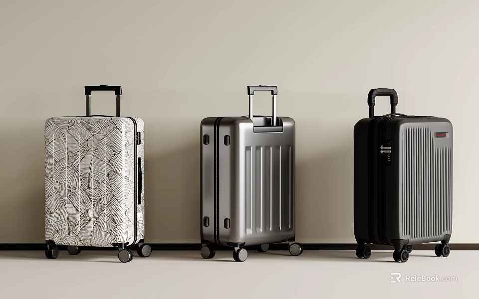 Three Stylish Storage Baskets In White Patterned Silver And Black Against Wall 3d model 