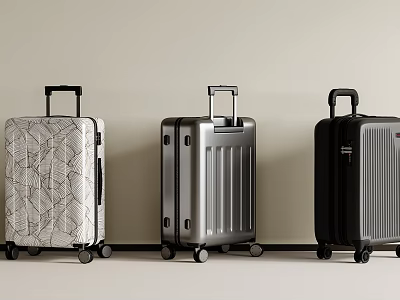 Three Stylish Storage Baskets In White Patterned Silver And Black Against Wall 3d model