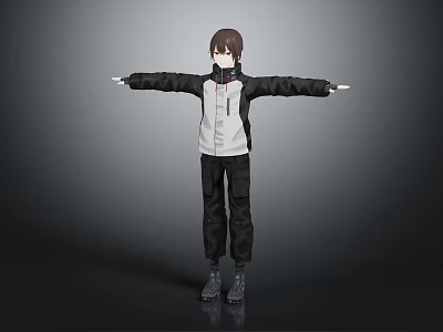 3D Male Character Model Wearing Black Coat Standing With Arms Outstretched In Gray Background 3d model