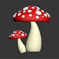 Large And Small Red Mushrooms With White Spots On Dark Background