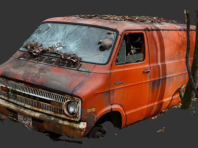 Abandoned Old Orange Van With Rusted Body Broken Glass And Leaves 3d model
