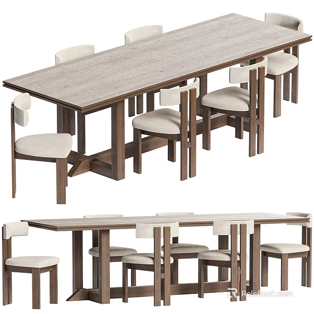 Modern Wooden Dining Table Set With Upholstered Chairs And Rectangular Design 3d model 