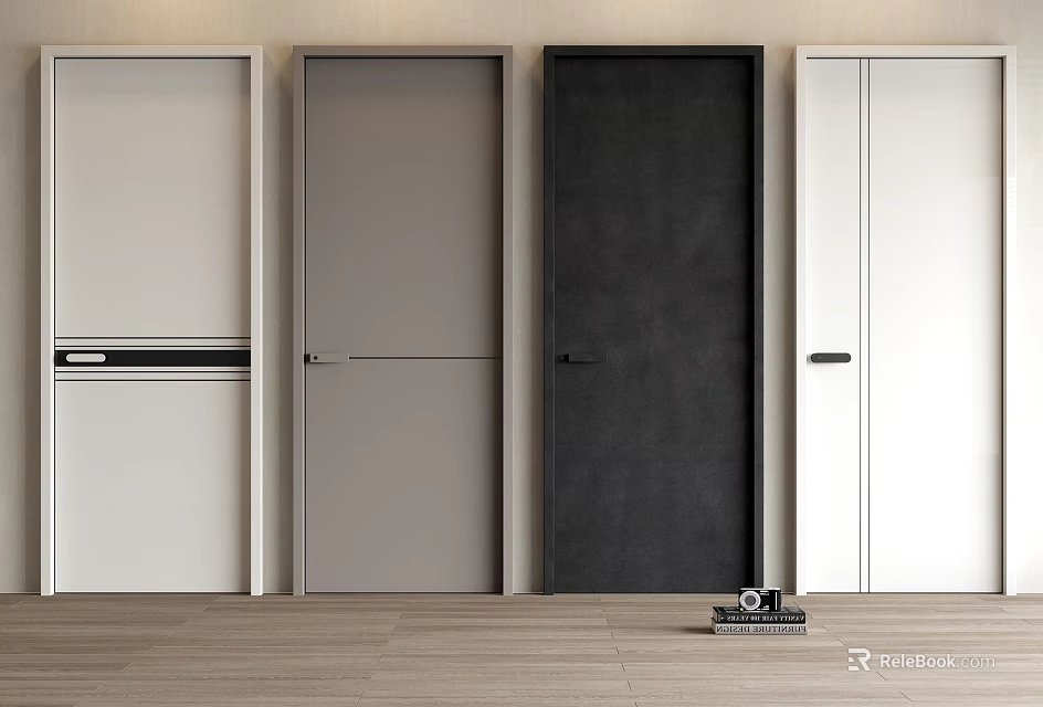 Modern Interior Display Of White Gray Black Hinged Doors With Wooden Floor 3d model 