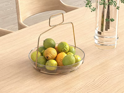 Fresh Lemons And Limes In Glass Bowl With Golden Stand On Wooden Table 3d model