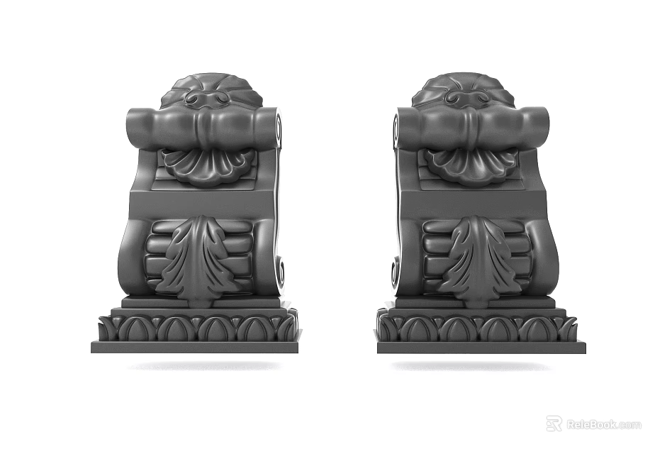 Pair of Intricate Dark Carved Decorative Supports with Scroll and Leaf Motifs 3d model 