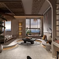 Modern Living Room Interior With Thatched Roof Bamboo Decor Round Rug And Black Coffee Table