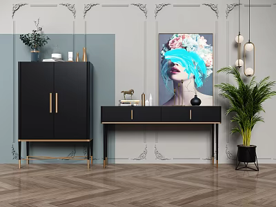 Modern Elegant Black Hallway Cabinet And Console Table With Golden Handles Decorative Plants And Artwork 3d model