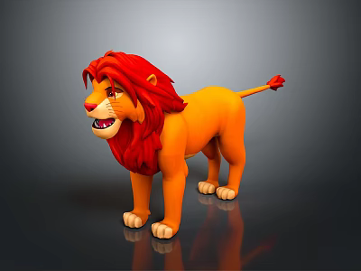 Cartoon Lion Figure with Red Mane Yellow Body Standing on Black Background with Reflection 3d model