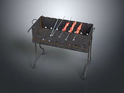 Portable Metal Grill With Grilled Meat Skewers On Stand For Outdoor Barbecue Use 3d model