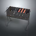 Portable Metal Grill With Grilled Meat Skewers On Stand For Outdoor Barbecue Use