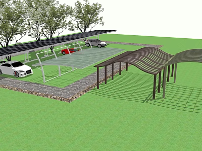 Modern Carport Canopy Design For Outdoor Parking With Parked Cars And Trees 3d model