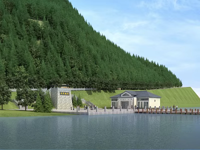 Beautiful Mountain Landscape Featuring Dense Forest Lakefront Buildings Green Grass And Blue Sky 3d model