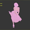 Woman With Short Brown Hair Posing In Patterned Dress Lifting One Leg On Gray Background