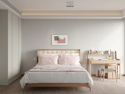 Cozy Kids Room Interior With Wooden Bed Pink Pillows Desk And Wall Art 3d model