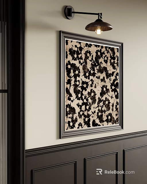 Abstract Painting Hanging On Light Colored Wall In Black Frame With Irregular Black White Patterns 3d model