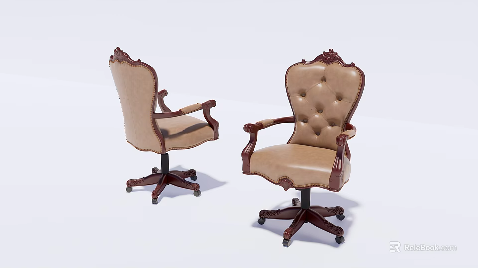 Vintage Style Office Chair With Wooden Armrests Carved Details And Beige Leather Tufted Design 3d model 