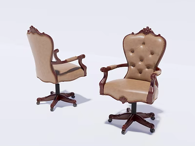 Vintage Style Office Chair With Wooden Armrests Carved Details And Beige Leather Tufted Design 3d model