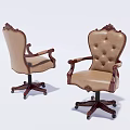Vintage Style Office Chair With Wooden Armrests Carved Details And Beige Leather Tufted Design
