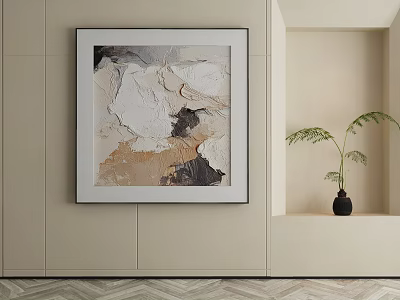 Modern Abstract Painting With White Frame On Beige Interior Wall And Green Plant Decor 3d model