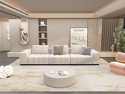 Modern Warm Cream Tone Living Room With Soft Large Sofa Round Coffee Table And Decorations 3d model