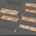 Wooden Scene Components With Various Shelves Platforms And Roof Frame Structures 3d model