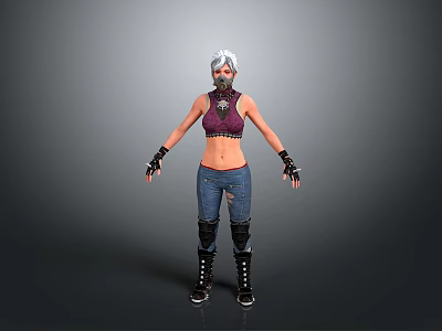 Woman With White Hair Wearing Mask Purple Top Black Gloves Blue Jeans And Black Boots 3d model