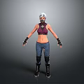 Woman With White Hair Wearing Mask Purple Top Black Gloves Blue Jeans And Black Boots